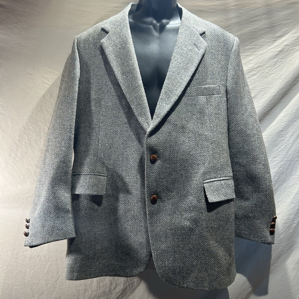 Vintage Lacrosse Mens 46L Grey Herringbone Pure Wool Blazer Sport Coat